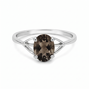 Rhaya Jewels Elegant Rhodium Plated 925 Sterling Silver Oval Cut Smoky Quartz Prong Setting <b>Dainty</b> Band Trendy Women's <b>Ring</b> - Product Image 1