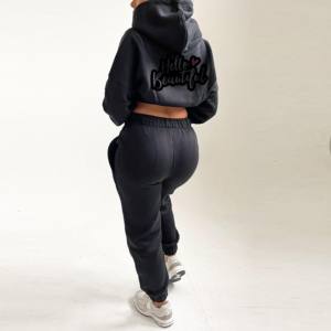 Crop Top Hoodie <b>Short</b> <b>Jogger</b> Set Women Clothing Custom 100% Cotton Ladies Women Blank Cropped Hoodie Trouser Set - Product Image 4