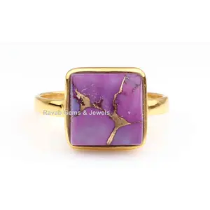 Projeto magnífico Natural Cobre Purple Turquesa Gemstone 925 Sterling Silver 18k Banhado A Ouro Anel Quadrado Para Homens