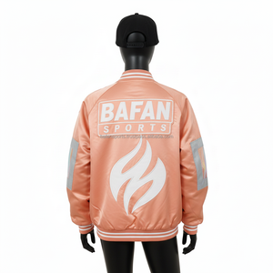 Chaqueta de Satén Premium para Mujer, Color Durazno, con Paneles Plateados Reflectantes, Diseño de Logotipo Bordado Personalizado, Chaquetas de Satén para Mujer - Product Image 2