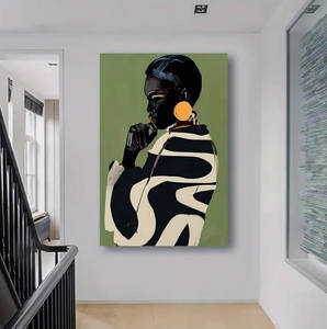 Style Art Déco Sans Cadre Minimaliste <span class=keywords><strong>Noir</strong></span> <span class=keywords><strong>Blanc</strong></span> Vert Art Mural Portrait Féminin Africain Impression sur Toile - Product Image 4