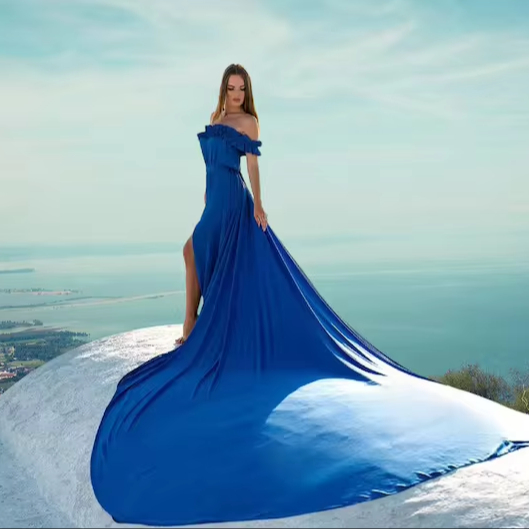 Trendy off-Shoulder Satin Dress with Long Train for Pre-wedding