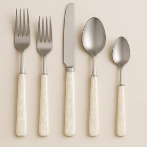 Couverts en acier inoxydable à manche en résine marron vintage, couverts de 5 pièces, fourchette à polir miroir, cuillère, couteau, table déco moderne premium - Product Image 6