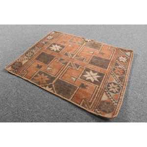 Vintage Turkish Rug 1.7x2.2 ft (51x66 cm), <b>Brown</b> Floral <b>Wool</b> Rug - Product Image 2