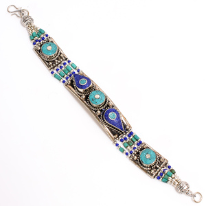 Bracelet en turquoise naturelle, corail et lapis-lazuli, bracelet antique népalais en argent tibétain, bijoux de mariage - Product Image 2