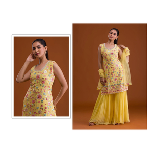 Costume Sharara élégant en fausse georgette avec impression d'aluminium de travail multi-fils brodée lourde pour les fêtes de mariage célébrations festives - Product Image 1