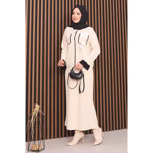 Casual Floral Detail Mother-of-Pearl Buttoned Ecru Hijab <b>Knit</b> <b>Set</b> - Product Image 5