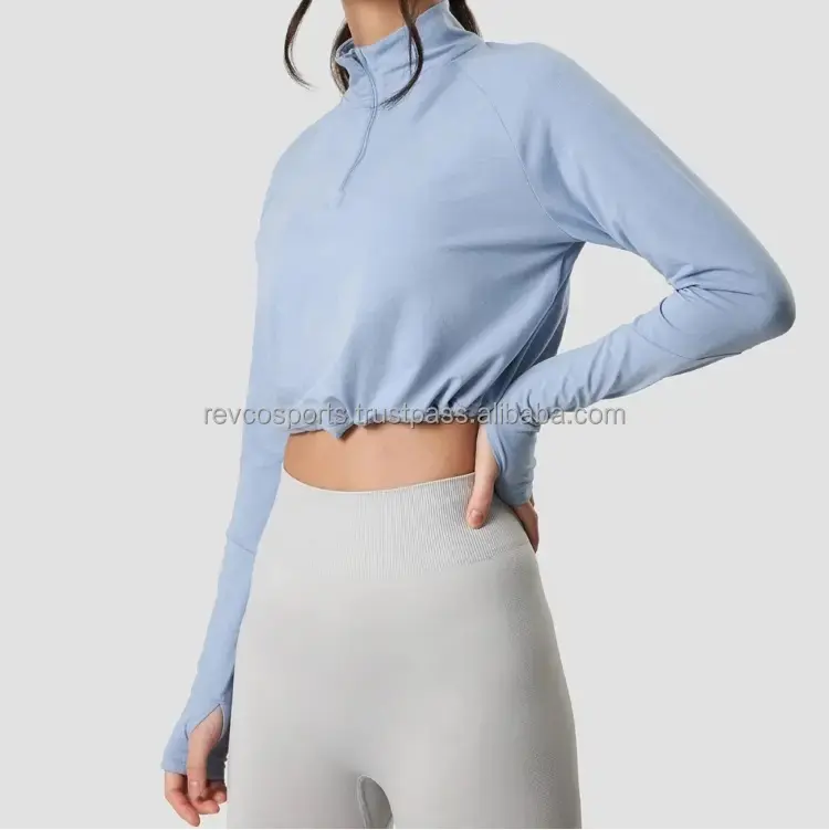 사용자 정의 디자인 여성 새로운 최고 품질 하늘색 면화 쿼터 지퍼 긴 소매 엄지 구멍 체육관 자르기 최고 피트니스 티셔츠