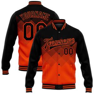 Vente en gros dans l'industrie directe de bombardiers décontractés d'hiver personnalisés à motifs 3D orange et noirs veste Letterman universitaire à snap complet - Product Image 1
