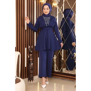 Conjunto Indigo con Cinturón MSW19122-1, Estilo Casual, Blusa Midi con Detalle de Piedras - Product Image 3