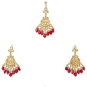 Parure ethnique pour femme : Boucles d'oreilles pendantes style chandelier et coiffe, ornée de perles, base en alliage plaqué or, cristaux et strass - Product Image 3