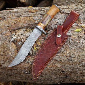 Cuchillo de caza de diseño Tang completo de supervivencia al aire libre, hoja de punto de caída de acero de Damasco, mango de madera OEM, grado Industrial personalizable - Product Image 5