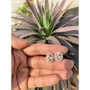 Vintage Trendy 925 Silver Oval Peach Morganite <b>Stud</b> <b>Earrings</b> 14K & 18K Gold Bezel Setting Diamond Zircon Inlay for Engagement - Product Image 4