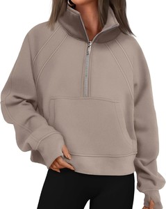 Sudaderas de cuello alto de manga corta de estilo deportivo para mujer, sudaderas con capucha bordadas con cremallera corta de moda de invierno de algodón 100% - Product Image 1