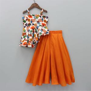 Ensemble Kurti Palazzo orange pour filles Shoryam Fashion |   Tenue ethnique décontractée de style peplum imprimée avec pantalon palazzo évasé - Product Image 2