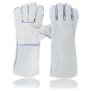 Gants de soudage en cuir de vache blanc naturel avec doublure en coton polaire cousu bleu Fonction anti-impact pour soudeur - Product Image 1
