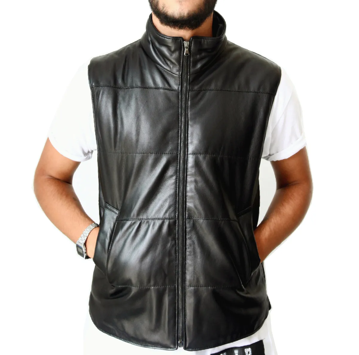 Made In Italy - Men's Leather Jacket in Genuine Leather - Quilted Gilet style Slim Fit leather custom jacket - Black Color