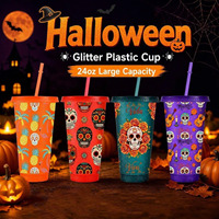 Gobelets personnalisés 24oz en plastique à paillettes motif Crâne du Diable avec couvercle et paille, réutilisables, pour le Jour des Morts et les fêtes d'Halloween, vente en gros