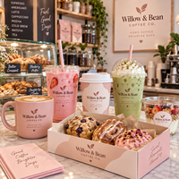 Ensemble d'emballages personnalisés pour café AT PACK avec gobelets en papier de 12 oz, gobelets en PET de 16 oz, sachets de café de 250 g et boîtes alimentaires