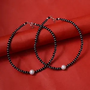 Chevillères noires à perles avec accents de perles, en acier inoxydable plaqué argent, style vintage, bijoux de pied unisexe, cadeau Art Palace - Product Image 3