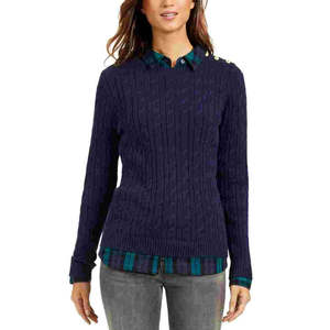 Maglione Casual da Donna Charter Club con Collo Gioiello, Motivo Texturizzato e Decorato, Maniche Lunghe, Blu, Taglia Media per la Stagione Autunnale - Product Image 1