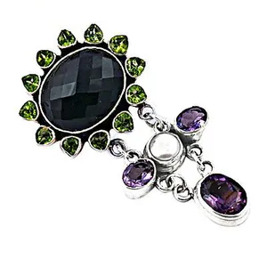 Pendentif Fleur en Argent 925 Art Palace avec Onyx Noir et Pierres d'Améthyste Serties Clos, Style Vintage, Bijoux de Fiançailles pour Femme - Product Image 1
