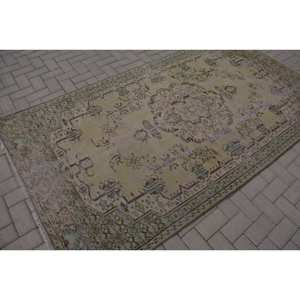 Tapis turc vintage 4,7x8,8 pieds vert jaune patchwork en laine avec envers en latex, rectangulaire, traditionnel, écologique, à poils moyens, pour salle à manger - Product Image 2