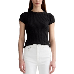 Nouveau T-shirt décontracté pour femme, col rond, coupe ajustée, manches courtes, en maille côtelée 100% coton respirant, teint uni, confortable, collection été - Product Image 4