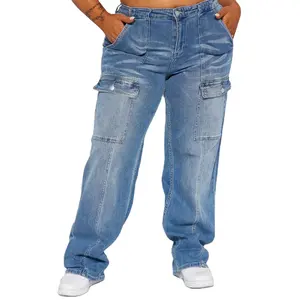 Hot Sale Casual Vier Zakken Vrouw Jeans Cargo Broek Dames Hoge Taille Broek Dames Wijde Pijpen Jeans Voor Vrouwen Custom, Logo