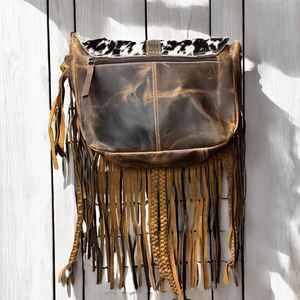 Bolso Bandolera Cruzado de Cuero Vacuno para Mujer, Estilo Bohemio, Ligero, Veraniego, con Flecos y Flores - Product Image 4