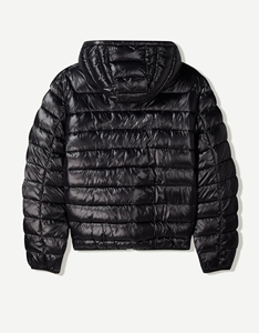 แจ็กเก็ตขนเป็ดสีดำของผู้ชายเสื้อแจ็คเก็ตบุนวมมีฮู้ดผ้าโพลีเอสเตอร์100% น้ำหนักเบาดีไซน์แบบกำหนดเอง - Product Image 6