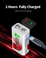 EBL baterai 9 V isi ulang 4 Pak, baterai Lithium 9 Volt 600mAh dengan kabel pengisi daya USB-C untuk detektor asap pengisian cepat
