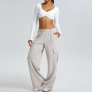 Women's Mid Elastic Waist Fleece Jogger Pants New Fashion Solid Pattern <b>Wide</b> <b>Leg</b> <b>Cargo</b> Summer Autumn Straight Eco-Friendly Flat - Product Image 5