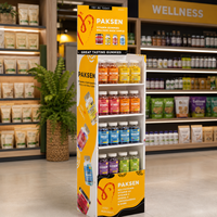 Présentoir de sol multi-niveaux en carton jaune imprimé sur mesure pour produits de santé, suppléments vitaminiques et bonbons gélifiés (POP Rack)