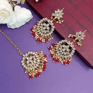Conjunto de pendientes indios Maang Tikka, cristal de Bollywood, Kundan, cadena de cabeza de Perla sintética, Pendientes colgantes grandes, conjunto de joyería - Product Image 2