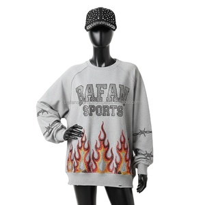 Sweat-shirt en molleton de coton premium surdimensionné pour femmes gris avec logo personnalisé en strass flamme pressé à chaud Sweat-shirts respirants pour femmes - Product Image 1
