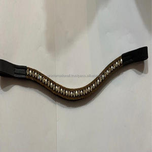 Bande de sourcil de cheval en cuir marron noir de haute qualité avec chaîne en métal décorative à 3 rangées de cristaux strass - Product Image 4