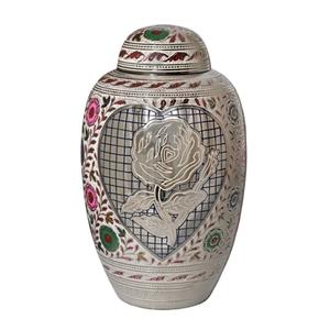 <b>Top</b> Dome Brass Adult Cremation Urns With Flower In <b>Heart</b> Engraving Pewter And Multi Color Finished For Human Ashes - Product Image 1