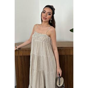 Brown Spaghetti Strap Patchwork Midi Woven 100% Cotton <b>Muslin</b> <b>Dress</b> - Product Image 2