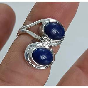Oval Lapis Lazuli 925 Sterling Silver Women's <b>Statement</b> <b>Ring</b> Bezel Setting Handmade Dual Blue Gemstone Boho Geometric Gift Her - Product Image 3