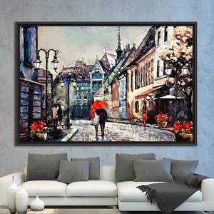 Impression sur toile d'art romantique pour couple - Amoureux sous un parapluie rouge, 1P : encadré noir - Product Image 1