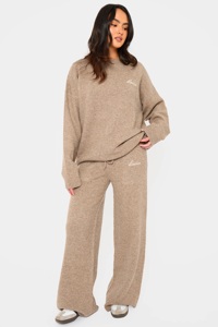 Ensemble de survêtement 2 pièces pour femme, en tricot uni brodé, à capuche, à manches longues, surdimensionné, pour l'hiver - Product Image 3