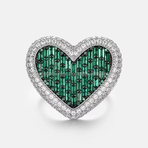 925 Sterling Silver Iced Green <b>White</b> Moissanite Heart <b>Ring</b> Baguette Cut Diamond <b>for</b> <b>Men</b> Women <b>for</b> Engagement Wedding Fine Gift - Product Image 1