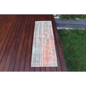 Alfombra Turca Vintage de 1.5x4.6 pies, Ecológica, con Diseño de Patchwork en Tonos Azul y Naranja, de Lana con Base de Látex - Product Image 1