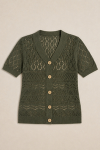 Cárdigan de algodón orgánico con cuello en V para mujer, manga corta, tejido pointelle, blusa hueca sostenible con botones y fruncido translúcido - Product Image 5