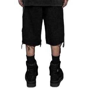 Transpirable hombres de gran tamaño ajuste muy deshilachado en capas Denim corto detalle desgastado cintura elástica remaches de Metal Punk Vintage - Product Image 3