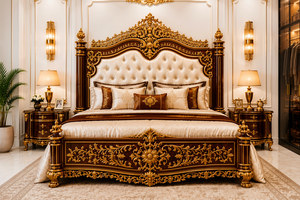 Juego de Dormitorio Vintage de Madera de Teca Tallada con Cabecera Alta y Mesitas de Noche, Cama de Madera Tallada en Oro Antiguo de Lujo - Product Image 6