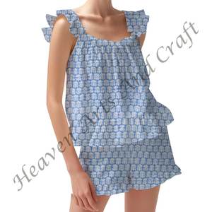 Breathable Cotton Shorts <b>Pajama</b> Set <b>For</b> Warms Dazzling Hand Block Spring/<b>Summer</b> Floral Fitted Strappy Ruffle Trim Sleeves PJ Set - Product Image 5