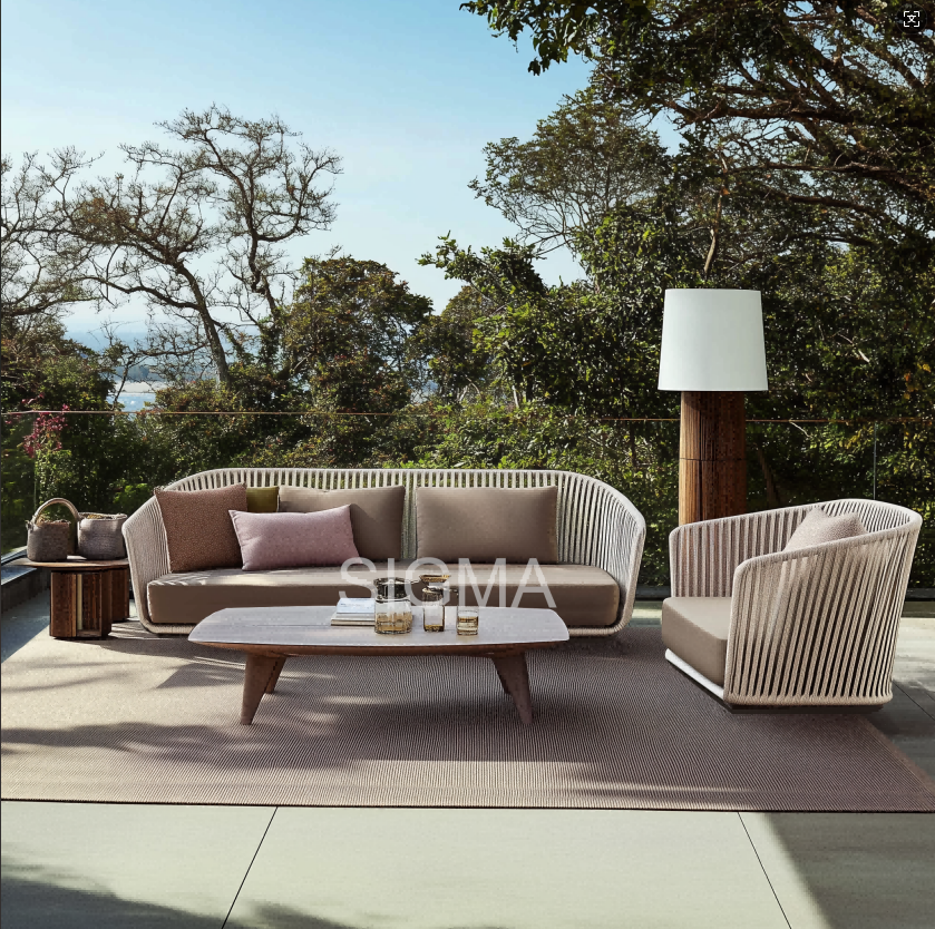 Aluminum Rope Mixed Material Outdoor Furniture Set Garden Sofa Set Teak Lounge Chair Luxury Dining Table Black and White Sofa