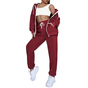 Chándales de lana para mujer de nuevo diseño, conjunto cómodo con capucha y pantalón con cremallera en color sólido para el invierno - Product Image 5